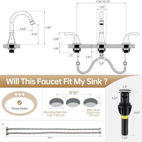 Image of Bathroom Sink Faucet FRANSITON Centerset 8 Inch 2 Handle Bathroom Sink Faucet Lead-Free with Pop-up Drain Stopper and Supply Hoses (Brushed Nickel, 8 Inch)