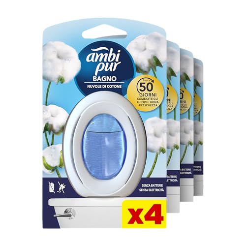 Ambi Pur Baño ambientador para ambientes, 4 ambientadores, fragancia nubes de algodón, difusor de ambiente con tecnología elimina olores, duración hasta 50 días por ambientador