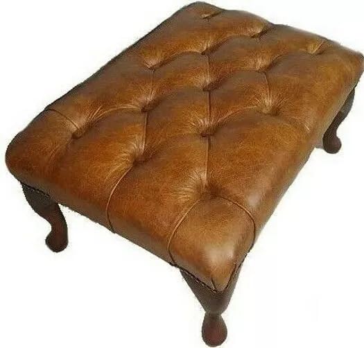 English Chesterfield Footstool – 100% Genuine Distressed Tan Leather | Deep Buttoned Ottoman Handmade in the UK | Classic Chesterfield Design with Solid Wood Frame | 30+ Years of Craftsmanship