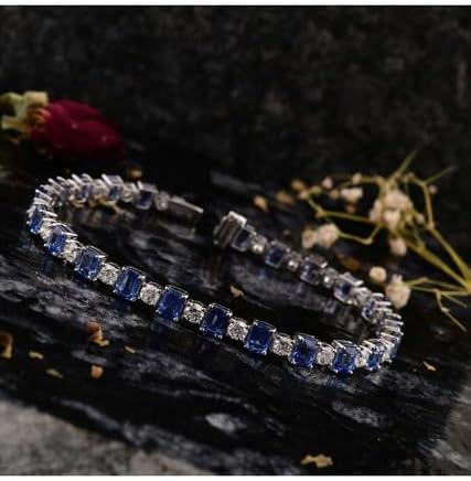Omkar Creations 14K White Gold Plated 925 Sterling Silver Emerald Cut Created Blue Sapphire and White Diamond Prong Set Wedding Engagement Tennis Bracelet