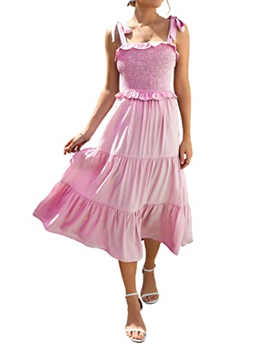 Kojooin Women's Summer Square Neck Tie Straps Sleeveless Dress Smocked Ruffle Tiered Flowy Backless Maxi Dress Pink Xl #TOP15