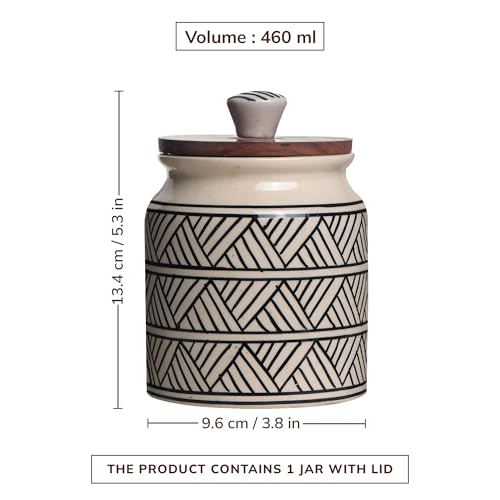 Image of Ceramic Jar & Container for Kitchen Storage Set | Multi Utility Air Tight Kitchen Organizer Items | Tea Coffee Sugar Container with Wooden Lid (Hand-Painted, 460 ML, Pack of 1)