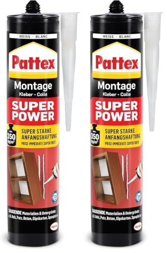 Pattex Montagekleber Super Power, Baukleber mit superstarker Anfangshaftung, Kraftkleber für saugende Materialien, Kleber für innen & außen, 1 x 370g (Packung mit 2)