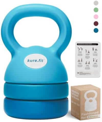 kure.fit teal adjustable kettlebell for women with three weight settings and exercise guide