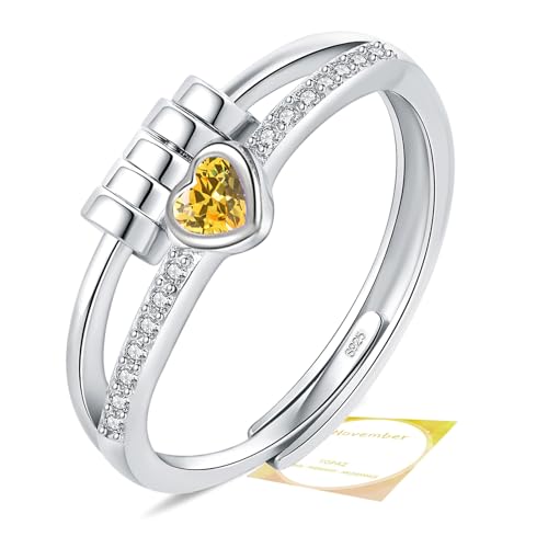 Birthstone Jewellery for Women, Adjustable November Birthstone Cubic Zirconia Ring, Sterling Silver Plated Fidget Gifts, Yellow Anxiety Heart Rings for Daughter Birthday Christmas
