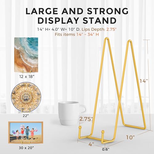 Image of TR-LIFE 14 Inch Gold Metal Plate Stand (2 Pack) - Heavy Duty Display Easel for Large Plates, Frames, Platters and Art