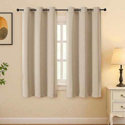 Image of Simplebrand Biscotti Beige Room Darkening Curtains for Bedroom 63 Inch Length 2 Panels Set, Thermal Insulated Energy Saving Curtains for Kids Room, Solid Nursery Window Treatment Drapes, W40 x L63