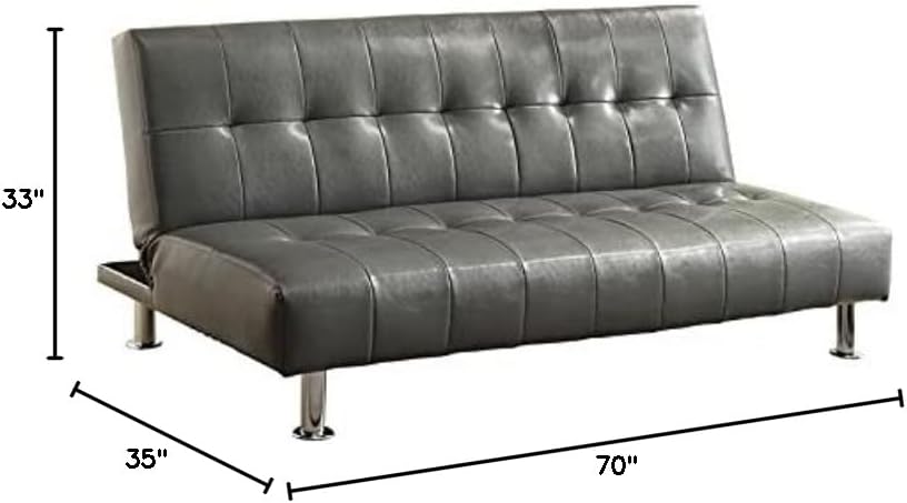 BOWERY HILL Modern Faux Leather Sleeper Sofa Bed, Gray Upholstery with Chrome Legs, Twin Size Convertible Design, Button Tufted Fabric, 70 in W x 35 in D x 33 in H, Contemporary Living Room Seating