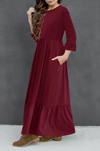 HOSIKA Girls Maxi Dress Crew Neck A-line Loose Flowy Tiered Holiday Casual Dresses with Pockets for 6-12 Y3