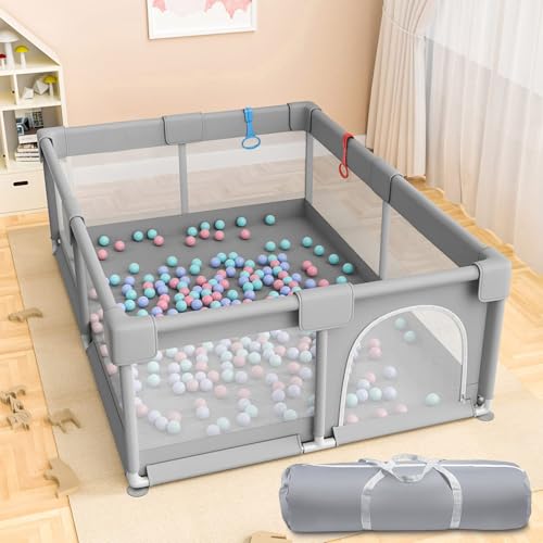 Parque infantil de 120 x 120 cm, con 50 bolas y 2 anillos de escala, zona de juegos segura para niños, fondo antideslizante, tejido transpirable, borde reforzado, bolsa de transporte incluida, gris