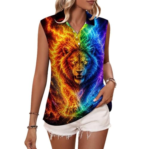 Golf Shirts for Women Collared Polo Tennis Tank Top Rainbow Flame Lion