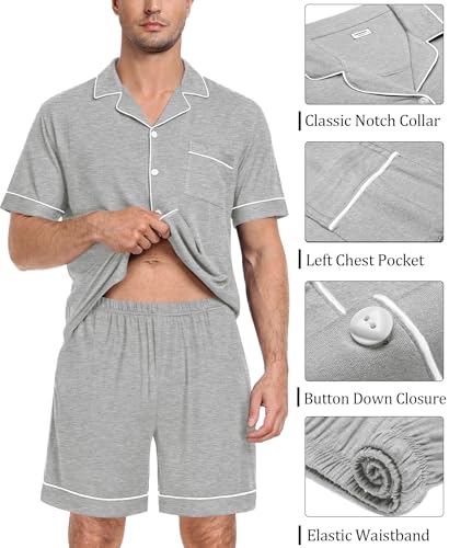 Swomog Mens Pajama Set Short Sleeve 2 Pcs Sleepwear Classic Button Down Soft Loungewear Modal Set Pj Set With Pockets Grey Large thumb #3