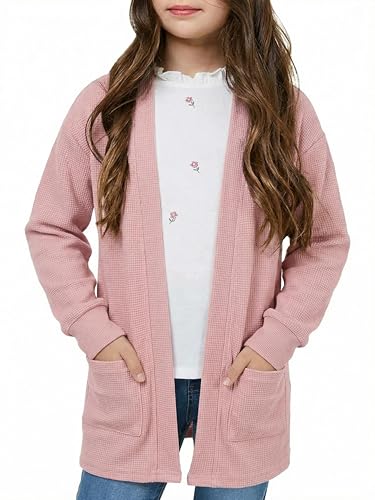 Image of Girls Open Front Cardigan Long Sleeve Casual Fall Winter Loose Knit Sweaters Coat with Pockets