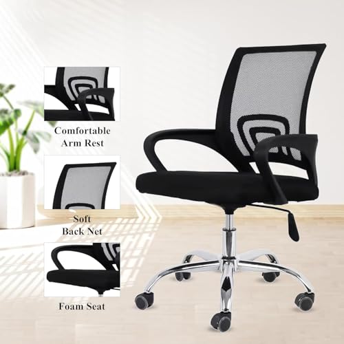 Image of Casa Copenhagen Mesh Mid Back Office /Study /Computer /Revolving /Desk Chair for Work from Home -Metal Base, Height Adjustable Seat- Dark Black & Black Handle