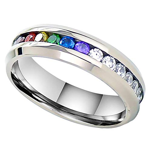 FlameReflection 6mm Titanium Unisex Lesbian Gay Pride Wedding Eternity Band Rainbow CZ Cubic Zirconia LGBT Ring for Men and Women Size 5-13