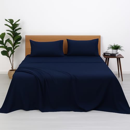Image of Microfiber Bedsheets - Hotel Luxury 1800 Series - Ultra-Soft & Wrinkle-Free - Double Size - Navy Blue Solid - Includes Pillow Covers