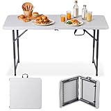ZenStyle 4 ft Folding Table, 48x24 Inch White Portable Plastic Table, Height Adjustable & Lightweight for Indoor Outdoor Use, Camping, Parties, Events, Dining