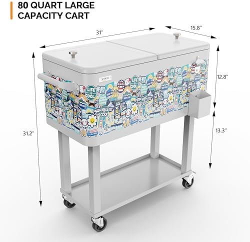80 Quart Rolling Ice Chest - Portable Party Cooler Cart with Shelf & Bottle Opener, Perfect for Patio, Poolside, BBQs & Outdoor Events - Keep Drinks Cold!