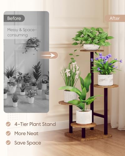 Image of Homsorout Plant Stand Indoor - 4 Tiered Indoor Plant Stand, Metal Plant Shelf Plant Holder, Ideal for Living Room, Garden, Patio, Balcony (Black Brown)