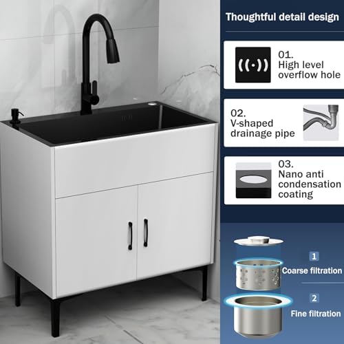 Stainless Steel Utility Sink with Cabinet, Freestanding Pull-Down Faucet, Ideal for Laundry Room, Garage, Kitchenette, Mudroom - Durable & Stylish Design