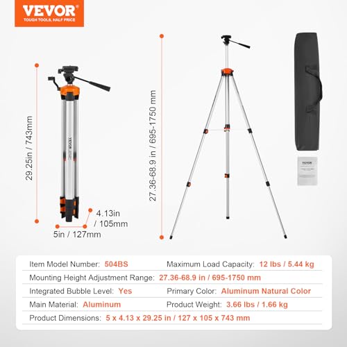 VEVOR Baustativ für Laser & Nivelliergeräte, ¼ x 20 Gewindehalterung, höhenverstellbar 695-1750 mm, mit integrierter Wasserwaage, einziehbare Beine, Laser-Messgeräte-Stativ für stabile Messungen