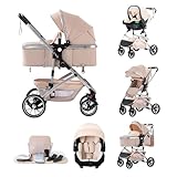 Kakbgee 3 in 1 Baby Stroller, Pushchair One-Click Folding, City Pram Travel System, Baby Buggy, Carrycot & Car Seat Unit with Mosquito Net, High Landscape Stroller for Newborn 0-4Years, Beige