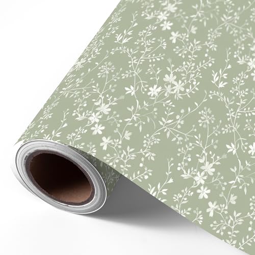 WRAPLULU Sage Green Floral Wrapping Paper Roll - 17.5 * 26 Ft. - Vintage Greenery Gift Wrap With White Flower Vines and Wildflowers Perfect for Baby Shower Wedding Monthers Day Birthday Christmas