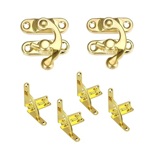 WANLIAN Antique Gold Zinc Alloy 90-Degree Folding Hinge & Hook Hasp Latch Set,Vintage Style Hardware,for Wooden Boxes, Jewelry Boxes, Cabinets, Toolboxes, and Suitcases (2 pcs)