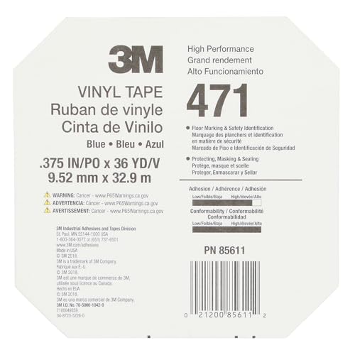 Image of 3M Vinyl Tape 471, 3 /8 in x 36 yd, Blue, 1 Roll, Blue Floor Tape, Paint Alternative for Floor Marking, Social Distancing, Color Coding, Safety Marking