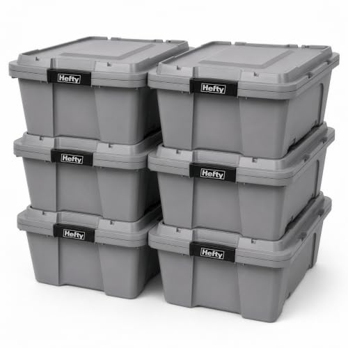 Image of Hefty MAX Pro 12 Gallon Storage Bins with Latching Lids, Heavy Duty Stackable Plastic Storage Containers for Garage, Basement & Outdoor Use, Utility Storage Tote, 6 Pack, Gray