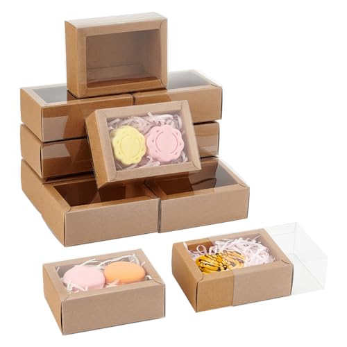 nbeads 12 Stück Schublade Kraft Boxen, 11x8x4.2cm Wiederverwendbar Geschenkverpackung Fall faltbare Papier Schublade Boxen mit Fenster für Party Gunst Leckereien Schmuck, BurlyWood