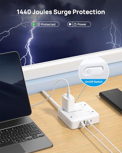 Image of TROND 360 Rotating Flat Plug Power Strip, 10FT Flat Extension Cord with Multiple Outlets 4 USB (2 USB C), Wall Mount Surge Protector 1440 Joules for Home Office Travel Dorm Room Essentials, White