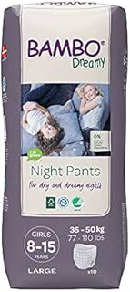 Bambo Dreamy Night Pants Nappies, Pull Up Pants, Eco Night Time Nappies Keep Beds Dry All Night, Pull Ups Training Nappies, Secure, Comfortable, Potty Training Pants, Girls L, Age 8-15, 35-50kg, 10PK