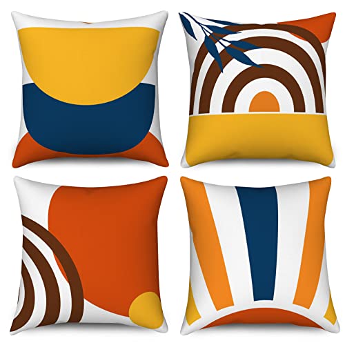 Kissenbezug Boho 45x45 4er Set, Hnmdmyi Mid Century Abstraktes Blatt Regenbogen Dekorative Kissenbezüge Gebranntes Orange Modern Geometrisch Minimalistisch Leinen Kissenhülle für Sofa Couch Home Decor