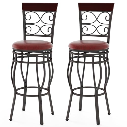 Butacos altos de bar de 30 pulgadas, juego de 2 unidades, giratorios 360 grados, estilo retro, con asiento y respaldo acolchados en cuero sintético, para cocina, bistró, pub y sala miniatura 1