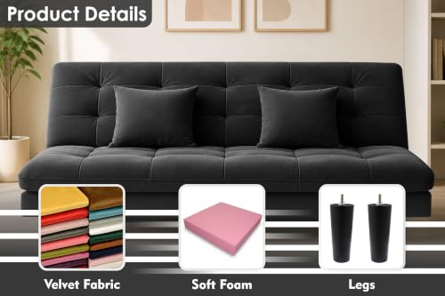 Image of Los Angeles Modern Convertible Futon Sofa Bed, Tufted Upholstered Folding Couch with Adjustable Backrest, Space Saving Sleeper Sofa for Living Room, Apartment, Office, Dorm & Guest Room - Black