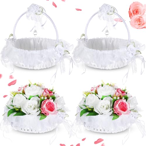 Honeydak 4 Pcs Wedding Flower Girl Baskets, Satin Lace Bowknot, White