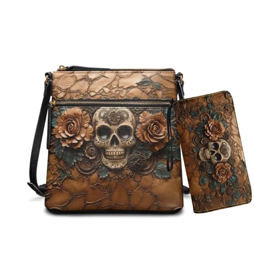 Lotusorchid Skull Rose Print Satchel Purse and Wallet Set for Women Hobo Handbag with Adjustable Strap Includes Long Wallets for Travel Party Work