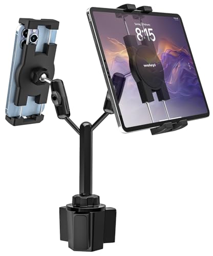 Supporto Tablet Auto Con Portabicchieri, Braccio Telescopico In Alluminio 25cm, 3 Snodi A Sfera 360°, Per IPad 4-13'' E Smartphone