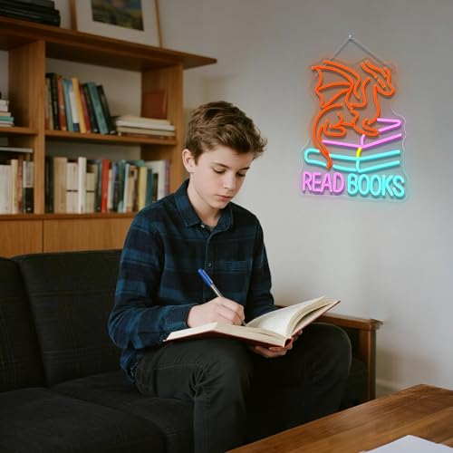 Image of Book Dragon Neon Sign Library Dragon Decor Cool Kids Read Books Reading Corner for Kids Neon Signs for Wall Decor LED Light Library Classroom Book Club Christmas Gift for Teens