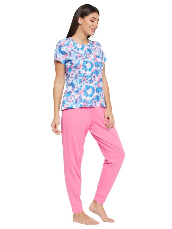 Image of Clovia Women's Cotton Printed Top & Pyjama Set - Blue