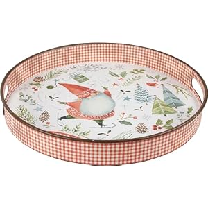 Primitives by Kathy Decorative Tray Round Metal Holiday Tray Featuring Hand Painted Design of a Christmas Gnome ice Skating Surrounded by Holiday Greenery with Red Gingham Pattern