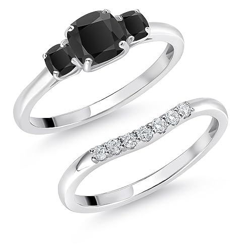 Gem Stone King 10K White Gold Black Onyx and Lab Grown Diamond 3 Stone Bridal Engagement Wedding Ring Set For Women 0.87 Cttw, 5MM and 3MM Cushion Cut, Available In Size 5, 6, 7, 8, 9