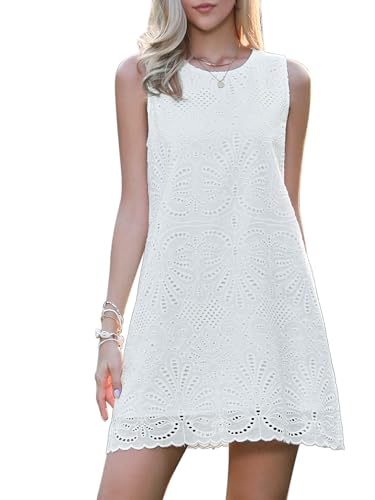 Allegra K Damen Minikleid Ärmellos Sommer Lässig A-Linie mit Lochstickerei Blumen Spitzen Kleid Weiß L