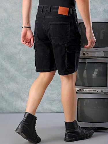 Image of The Indian Garage Co Men Relaxed Fit Solid Mid-Rise Denim Cargo Shorts