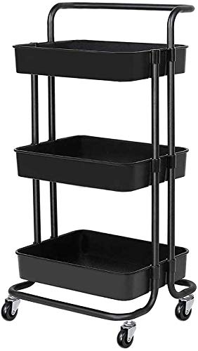 Image of 3 Tier Rolling Utility Cart with Wheels and Handle, Heavy Duty Mobile Kitchen Storage Cart Craft Cart Storage Trolley for Kitchen, Bathroom, Office Organization, Easy Assembly
