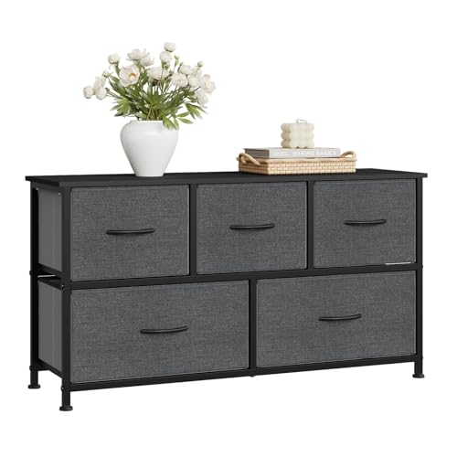 WOLTU Comoda para Dormitorio, Cajonera Almacenaje, Cómodas 5 Cajones de Metal y Madera, Cajoneras Dormitorio y Habitacion, Mueble Almacenaje, Armario Organizador Madera Negro+Gris Oscuro