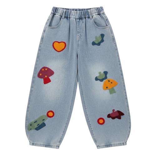 Pantalones de mezclilla de pierna ancha con apliques de corazón coloridos para niñas