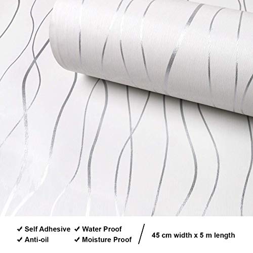 Image of 45 x 1200 CM Stripe Wallpaper Silver White | Self Adhesive PVC Peel & Stick Wallpaper Roll | Waterproof Decorative Wall Sticker for Living Room, Bedroom, Hall & Office