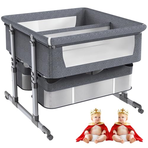 NELLN Cuna Portátil para Bebés Gemelos, Plegable, Ajustable En 6 Alturas, Inclinable, Bien Ventilada, con Colchón Y Espacio De Almacenamiento Gray